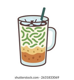 Flat illustration of es cendol, a traditional Indonesian iced drink with green rice flour jelly, coconut milk, and palm sugar syrup served in a glass mug.