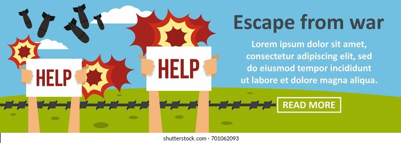 Flat illustration of escape from war banner horizontal vector concept for web