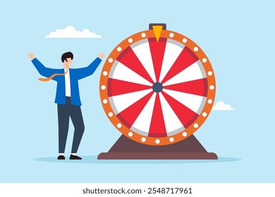 Flat illustration of excited businessman watch spinning fortune wheel reliance luck for success investment winning gambling