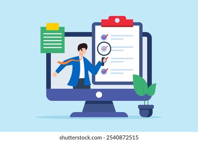 Video Ilustración plana de la lista de verificación del examen ejecutivo del negocio en la llamada con lupa en la pantalla de la computadora