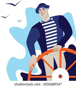 flat illustration experienced captain at the helm of the yacht