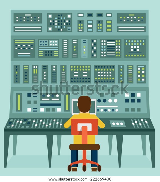Flat illustration of expert with\
control panel. Analytics and management - vector\
illustration