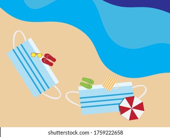 Flat illustration of face masks shape beach towels, umbrellas, flip flops, beach bag and sunglasses in the beach