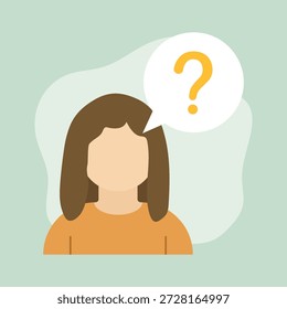 Flat illustration of a faceless person with curly hair surrounded by yellow question marks, symbolizing confusion, uncertainty, or decision-making in a clean, modern design style.