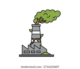 Flat illustration of factory with green elements symbolizing eco-friendly and sustainable industrial processes.