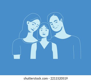 Flat illustration of a family in blue color. Young couple with a child. Mom, dad, daughter.