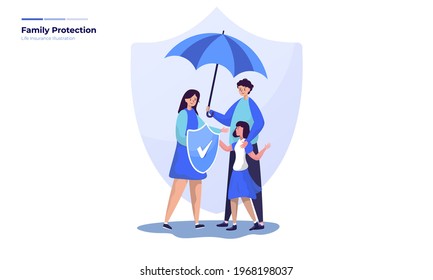 Flat illustration of family life protection by insurance