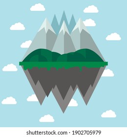 flat illustration of a fantastic island. flying island with mountains and hills. vector mountains with hills and trees.