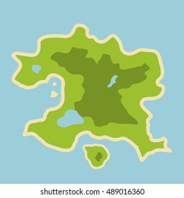 Flat illustration of fantasy map of fictional island in the middle of sea or ocean with beach around the whole island with some lakes and forests