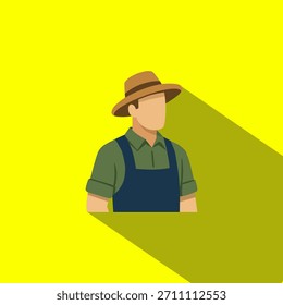 Flache Illustration eines Bauern, der einen Hut und Overall auf hellgelbem Hintergrund trägt. Minimales Design mit langem Schatteneffekt, Agrarthema, Landarbeiter, bäuerliches Konzept.