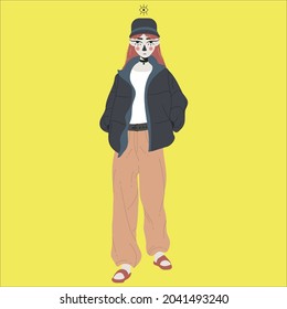 Flat illustration. Fashion woman in trendy clothes vector cartoon illustration. Street style outwear female isolated. Fashionable girl demonstrate winter, spring and autumn clothing. Flat girl