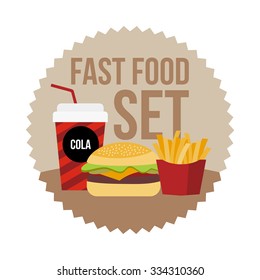 Flat illustration of fast food, cola, hamburger, French fries.