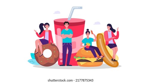 Flat illustration. Fast food concepts such as dessert, coffee, cola, cheese, burger, hot dog, bread, meat, donut, sandwich, soda, hamburger, potato. These menus are very popular.