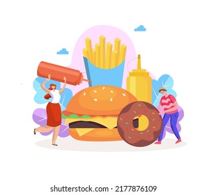 Flat illustration. Fast food concepts such as dessert, coffee, cola, cheese, burger, hot dog, bread, meat, donut, sandwich, soda, hamburger, potato. These menus are very popular.