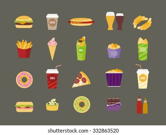 Flat illustration of fast food, French fries, ice cream, pizza, beater, beer and other symbols