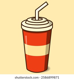 Flat illustration of a fast-food soda cup with a straw, using a retro color palette. Perfect for menus, advertisements, and restaurant branding.
