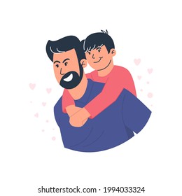 Flat illustration of A father is carrying a child on his back, man carrying boy on his back, father's day illustration concept in isolated background, Happy father and son, Love symbol around them