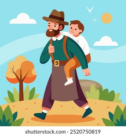 flat illustration of a father holding his child. with a garden view in the background. to commemorate Father's Day