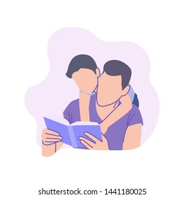 flat illustration of father and son reading book together while the child embraces the father from behind, family vector illustration