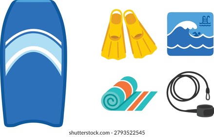 A flat illustration featuring a blue boogie board, yellow swim fins, a rolled towel, a leash, and a swimming pool icon.