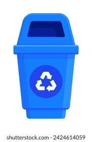 Flat illustration featuring a blue recycling bin with a recycle symbol on the front and an open lid for easy disposal of recyclable items. Concept of recycling and waste management.