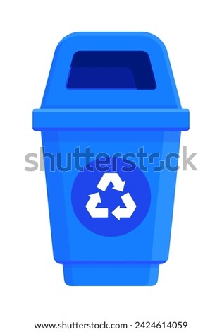 Flat illustration featuring a blue recycling bin with a recycle symbol on the front and an open lid for easy disposal of recyclable items. Concept of recycling and waste management.