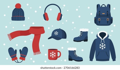 Una ilustración plana con ropa y accesorios esenciales de invierno, incluyendo una mochila, sudadera con capucha, botas, bufanda, sombrero, orejeras, mitones y una taza.