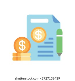 Ilustración plana con un documento financiero con monedas y un lápiz verde en un estilo gráfico simple.