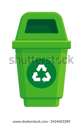 Flat illustration featuring a green recycling bin with a recycle symbol on the front and an open lid for easy disposal of recyclable items. Concept of recycling and waste management