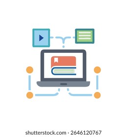 Flat illustration featuring a laptop connected to video and document resources emphasizing digital learning and online education concept on White Background.