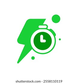 flat illustration featuring lightning bolt and stopwatch symbolizing fast charging. clean and minimalistic design for showcasing features like quick charge, fast power delivery, or energy efficiency