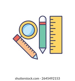 A flat illustration featuring a magnifying glass, pencils, and ruler. Bright colors and simple shapes convey a playful learning theme.