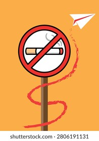A flat illustration featuring a prominent no smoking sign on a brown pole, with a paper airplane flying upwards leaving a red swirling trail on an orange background.