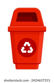 Ilustración plana con una papelera de reciclaje roja con un símbolo de reciclaje en la parte delantera y una tapa abierta para facilitar la eliminación de artículos reciclables. Concepto de reciclaje y gestión de residuos