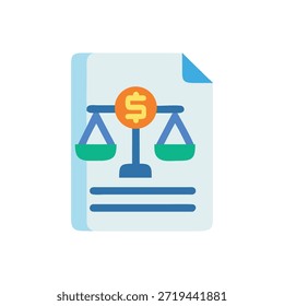 Una ilustración plana con escalas que equilibran un signo de dólar sobre un documento legal, que representa las regulaciones financieras y la equidad.