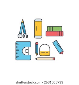 A flat illustration featuring school and office supplies arranged centrally. The style is simple, clean, and cartoon-like against a White Background.