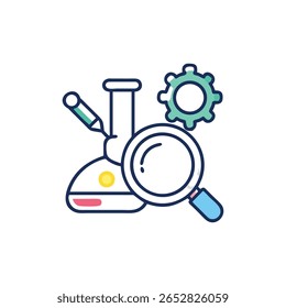 Flat illustration featuring science lab tools like microscope, pencil, gear and magnifying glass. Isolated on White Background.
