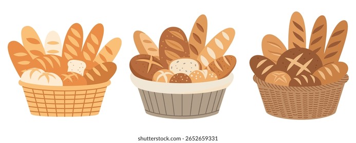 Uma ilustração plana com três cestos de tecido transbordando com uma variedade de pães recém-assados, incluindo baguetes, pães redondos e rolos, apresentados em um fundo branco.