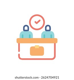 Ilustração plana com duas pessoas atrás de uma mesa, com um círculo de marca de seleção indicando aprovação ou conclusão.