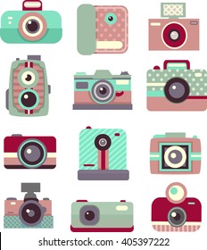 Flat Illustration Featuring Vintage Cameras with Patterned Prints