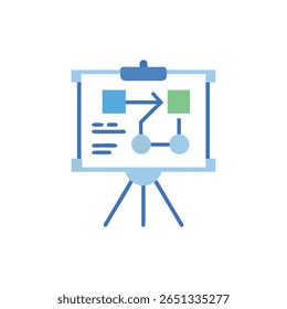 Flat illustration featuring a whiteboard displaying a flowchart with square and circle shapes on a tripod stand. Minimalist style on White Background.