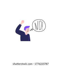 Flat illustration of a female activist with short purple hair shouting No. No means no concept