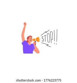 Flat illustration of a female activist shouting Stop on loudspeaker. Anti harassment concept