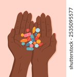 Flat illustration of female african hands holding various pills, capsules or vitamins. Top view of palms with colorful medicines. Treatment with antidepressants, painkillers. Hand drawn cartoon design