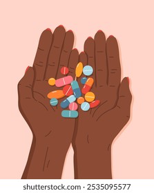 Flat illustration of female african hands holding various pills, capsules or vitamins. Top view of palms with colorful medicines. Treatment with antidepressants, painkillers. Hand drawn cartoon design