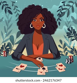 Flat illustration of a female blackjack dealer dealing cards on the table. Hand drawn illustration of an afro american woman working at the casino