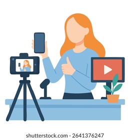 Flat Illustration of a Female Blogger Recording a Live Stream for Social Media Content Creation.