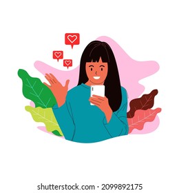 flat illustration of female character, social network user
