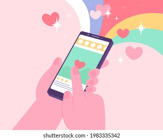 Flat illustration of female character swiping the phone and giving likes on new posts. Concept of social media connection.