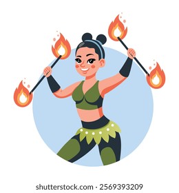 A flat illustration of female fire dancer 